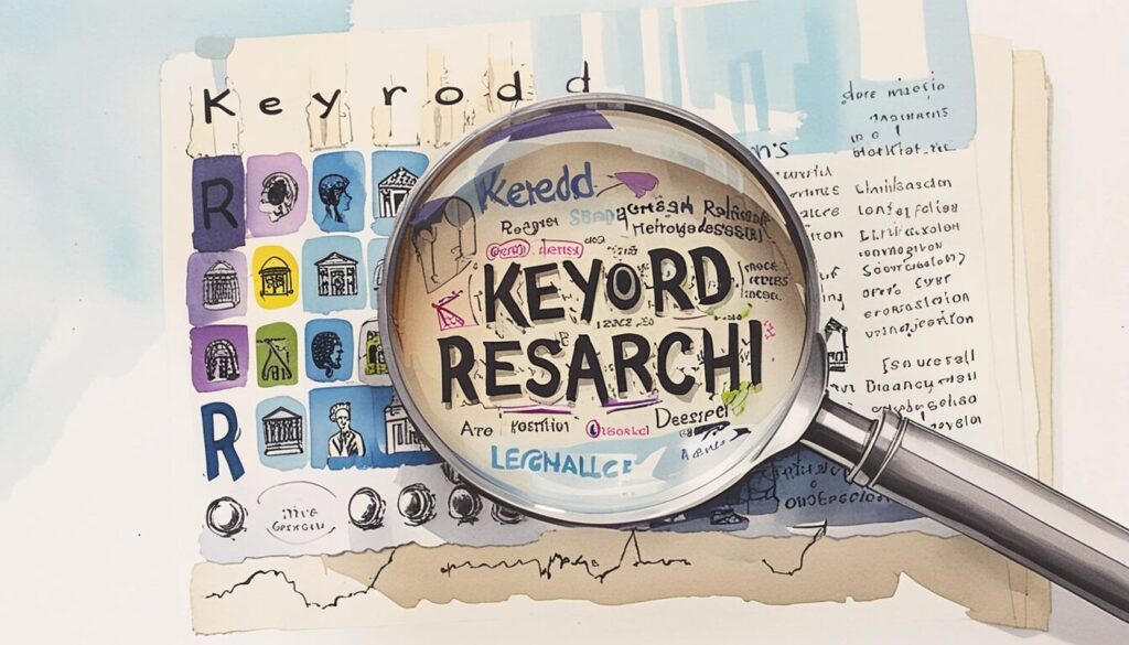 minimal image of a magnifying glass over the words "Keyword research"
