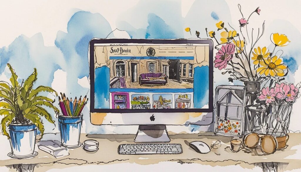 illustration of a desktop with an imac showcasing a homepage for a small business.