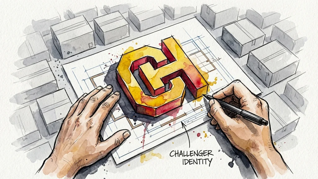 Hands sketching a bold 3D logo on blueprints labeled Challenger Identity, surrounded by generic gray boxes.