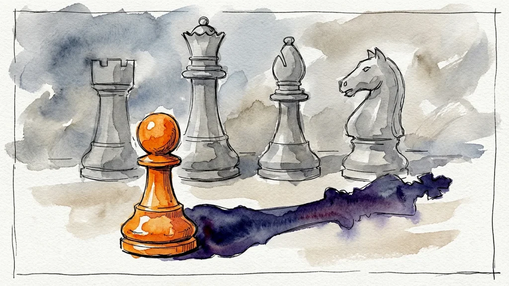 Orange pawn casts a king's shadow before large grey chess pieces, visualizing challenger brand success.