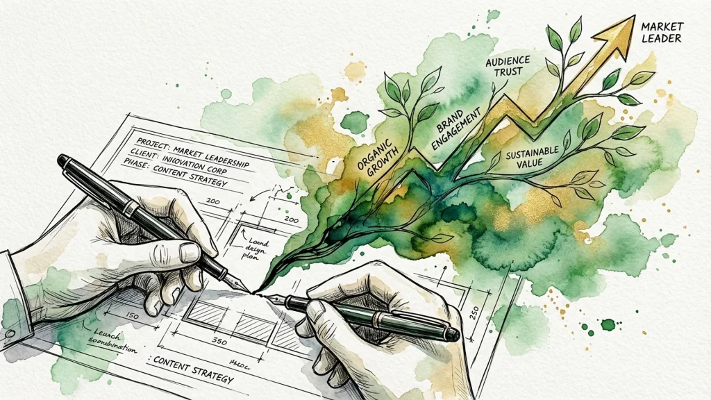 Hands drawing a content strategy blueprint evolving into a green vine arrow indicating sustainable value and brand growth.