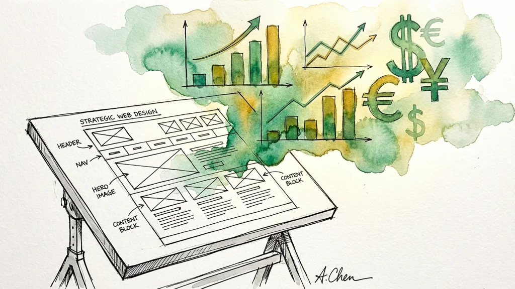 Drafting table sketch labeled Strategic Web Design with rising green watercolor charts and currency symbols.