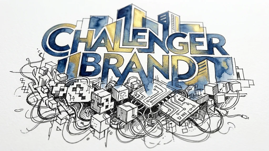 Blue and gold watercolor text reading Challenger Brand over sketched digital wires and pixels.