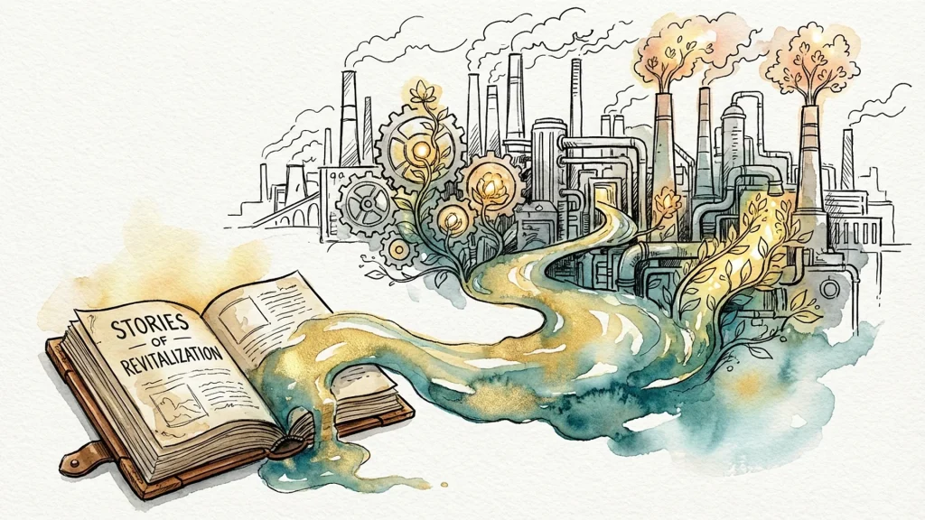 Open book titled Stories of Revitalization flowing into a factory sketch, visualizing storytelling for industrial brands.