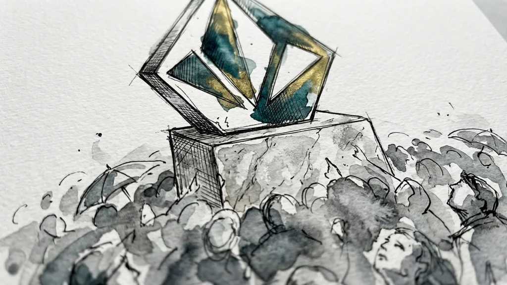 Watercolor sketch of a gold and teal geometric brand logo on a pedestal rising above a gray crowd of onlookers.