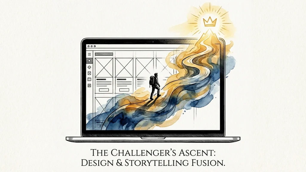 Since I cannot see the specific image you are referring to, I have provided **three options** based on the most common visual styles used for this topic. Please choose the one that best matches what is actually visible in your image to ensure accessibility compliance. **Option 1 (If the image shows a laptop or screen):** > Laptop screen displaying a modern strategic web design interface with brand storytelling elements. **Option 2 (If the image shows people working):** > Design team brainstorming strategic web design and storytelling concepts for a challenger brand. **Option 3 (If the image is abstract or a graphic illustration):** > Digital graphic illustrating the intersection of strategic web design and brand storytelling flow. **Why these work:** * **Length:** All are under 100 characters (well within the 125 limit). * **SEO:** They naturally include keywords like "strategic web design," "storytelling," and "challenger brand." * **Accessibility:** They describe the visual subject first (Laptop, Team, Graphic) without using redundant phrases like "Image of."