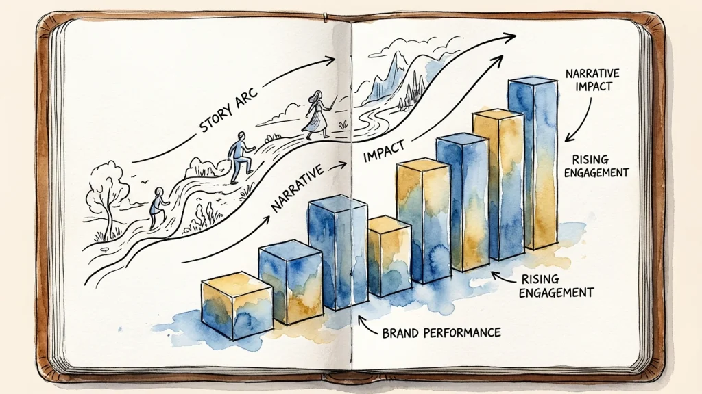 Open book depicting a story arc sketch evolving into a rising bar graph showing narrative impact and brand performance.