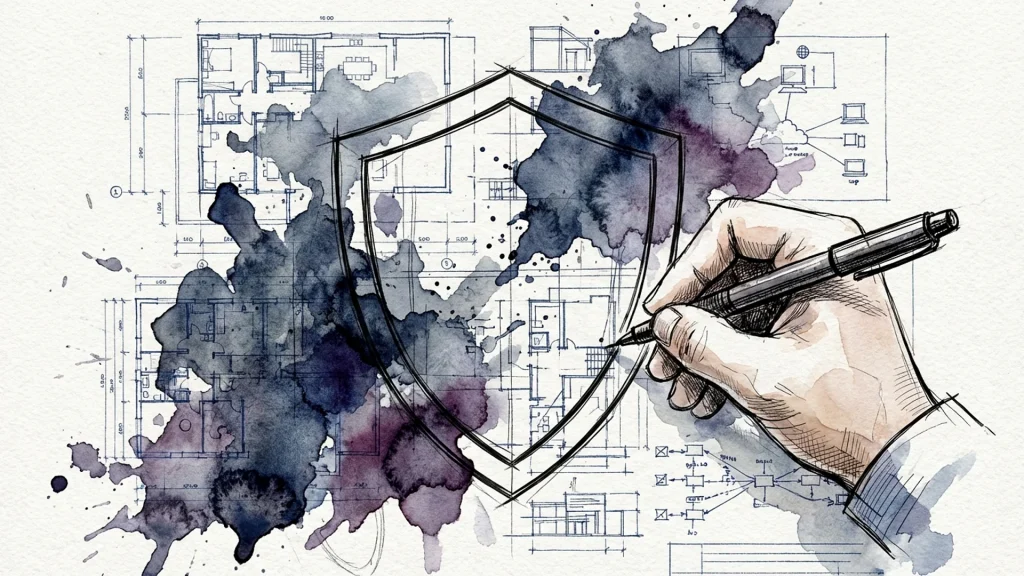 Hand sketching a protective shield over complex blueprints, symbolizing risk mitigation in design projects.