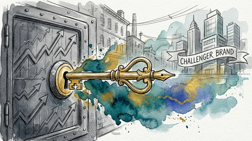 Golden fountain pen key unlocking a door with upward growth arrows, set against a city and challenger brand banner.