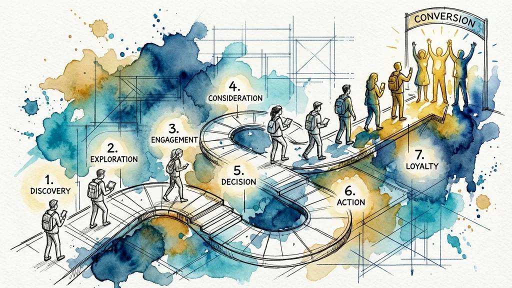 Watercolor illustration of a 7-stage path from Discovery to Loyalty, ending at a celebratory Conversion arch.