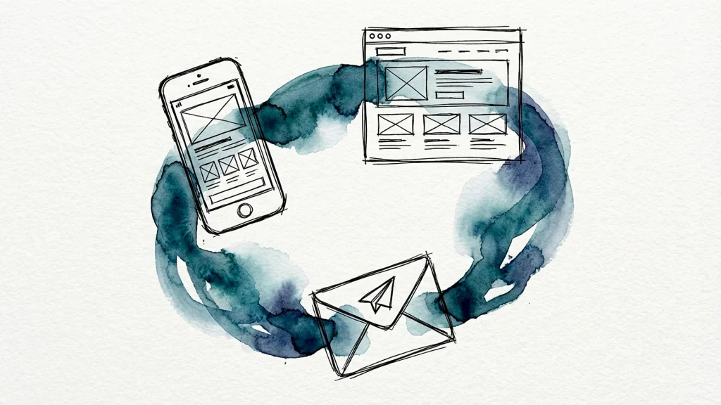 Sketch of smartphone, web browser, and email envelope connected by a swirling blue watercolor wash.