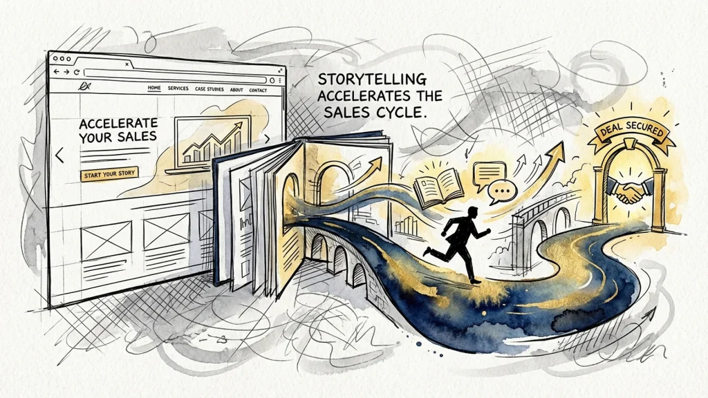 Website turning into a storybook path leading a figure to a secured deal, visualizing sales cycle acceleration.