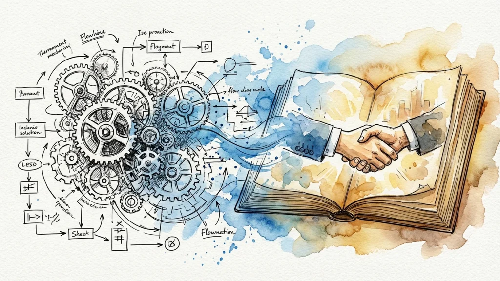 Complex gears and technical charts flowing into a handshake emerging from an open book, illustrating B2B storytelling.
