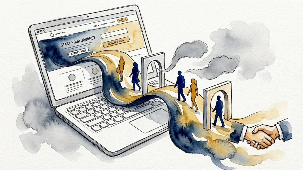 Watercolor of leads walking a path from a laptop website through arches to a sales handshake.