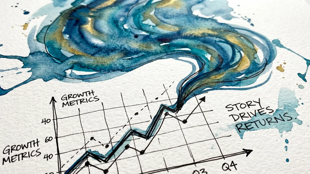 Watercolor graph labeled Growth Metrics showing rising trend turning into blue fluid art labeled Story Drives Returns.