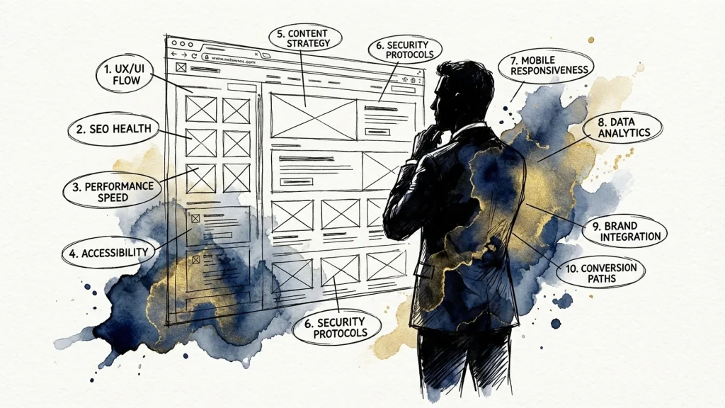Businessman analyzing a website wireframe sketch with 10 labeled audit checkpoints for UX, SEO, and security.