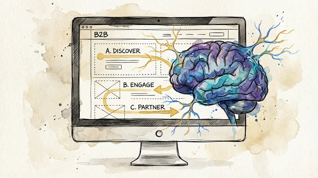 Watercolor brain connecting neurons to a B2B website wireframe with Discover, Engage, and Partner stages.
