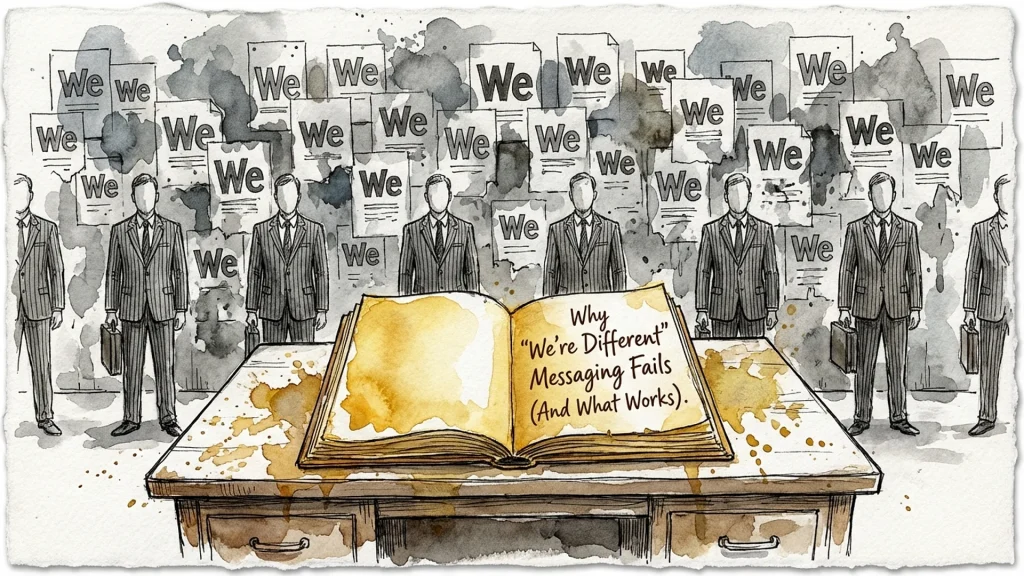 Open book titled Why We're Different Messaging Fails before identical businessmen and repetitive We papers.