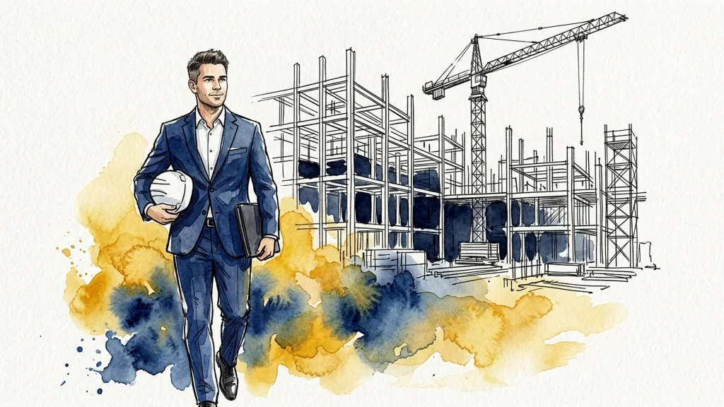 Watercolor illustration of a construction executive in a suit holding a hard hat, walking past a sketched jobsite and crane.
