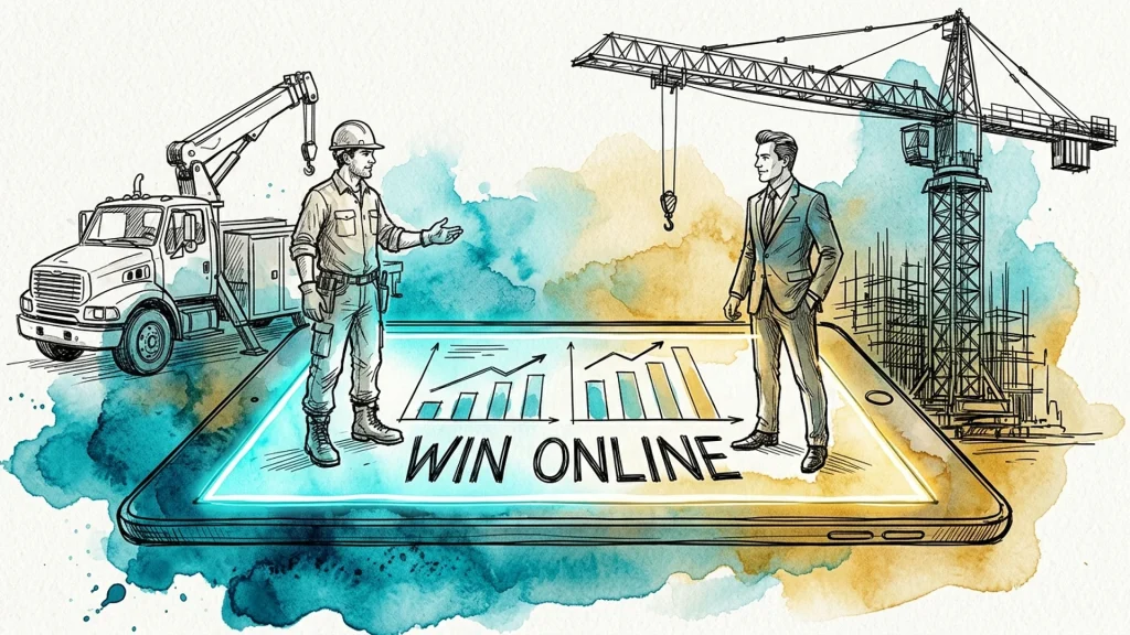 Contractor and businessman on a digital tablet displaying growth charts and "WIN ONLINE" near a crane and truck.