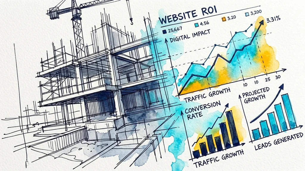 Construction site sketch blended with dashboard charts showing website ROI, traffic growth, and conversion rates.
