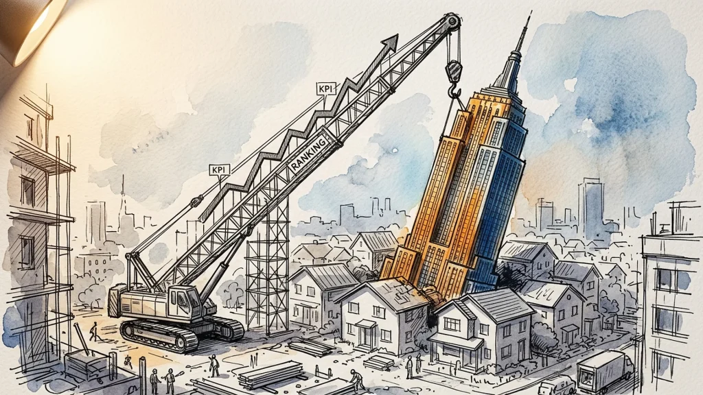 Construction crane with an upward ranking graph lifting a golden skyscraper among small residential houses.