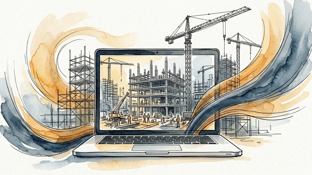 Laptop displaying a sketched construction site with cranes, framed by dynamic blue and orange watercolor waves.