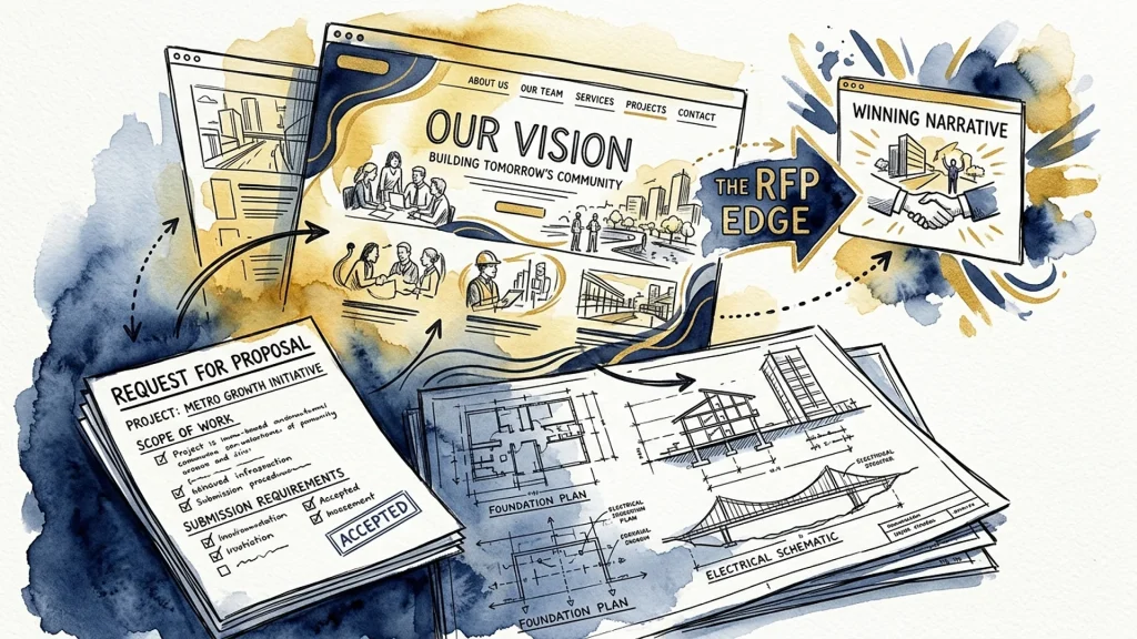An RFP document and blueprints flow into a story-driven website, leading to a winning narrative handshake.