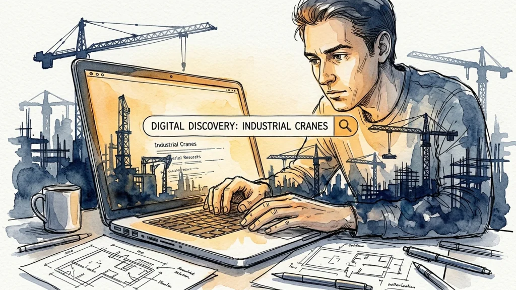 Man searching for industrial cranes on a laptop, surrounded by watercolor construction site silhouettes and blueprints.