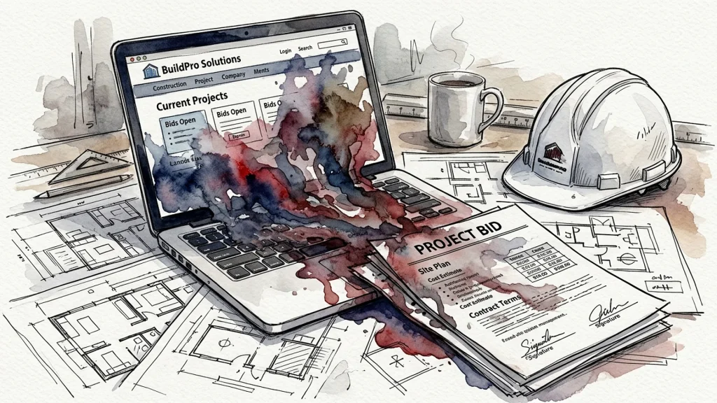 Laptop showing a construction website spilling dark stains over project bids, blueprints, and a white hard hat.