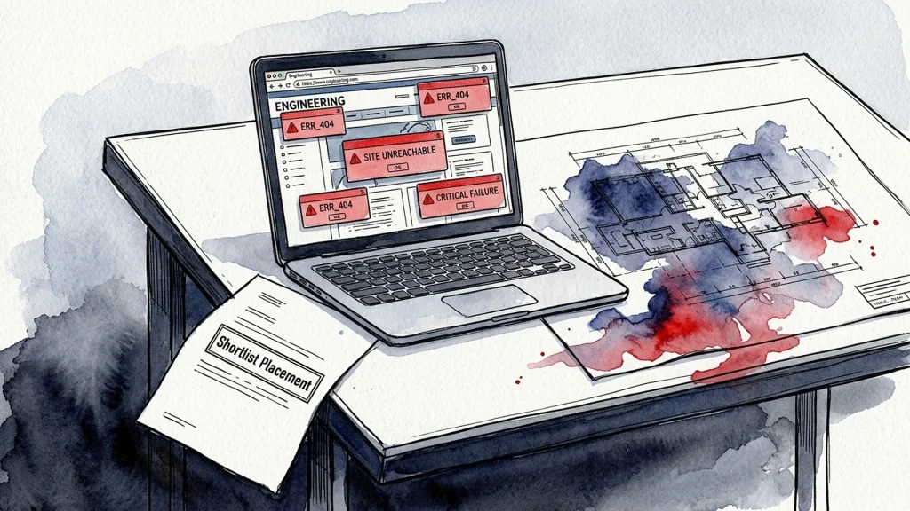 Laptop showing engineering website errors on a desk with stained blueprints and a falling Shortlist Placement paper.