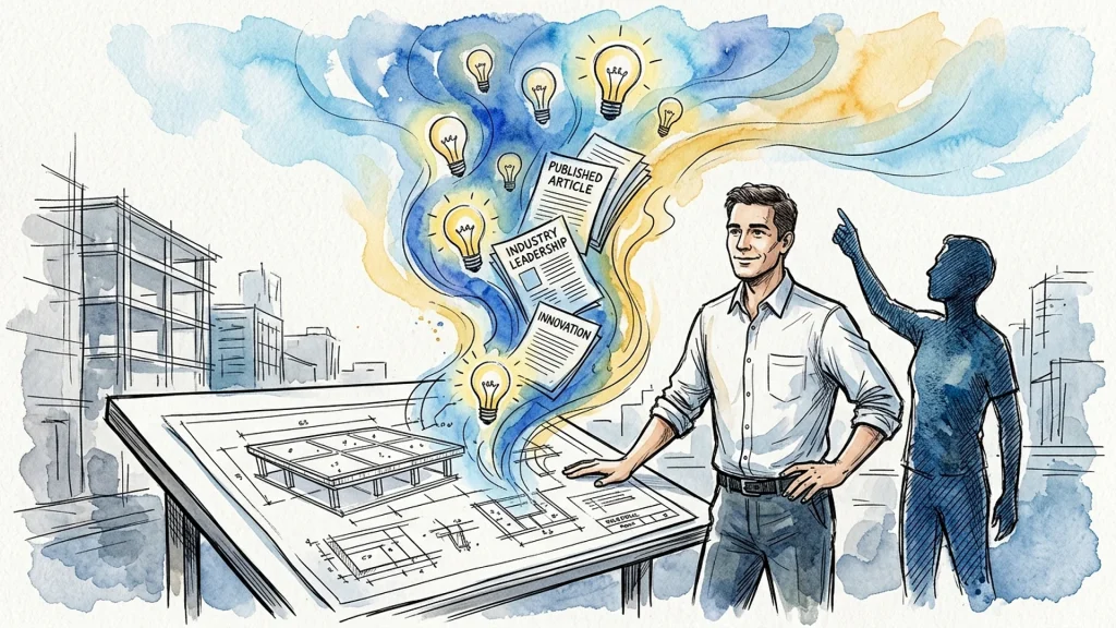 Engineer at a drafting table where blueprints swirl into glowing lightbulbs and published thought leadership articles.
