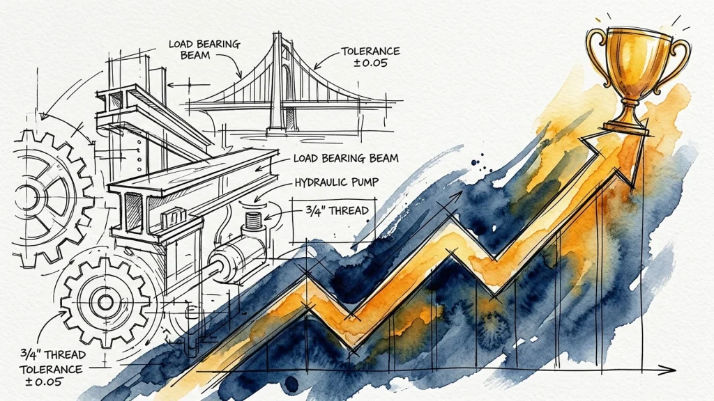 Technical engineering sketches of gears and beams beside a rising watercolor growth graph and gold success trophy.