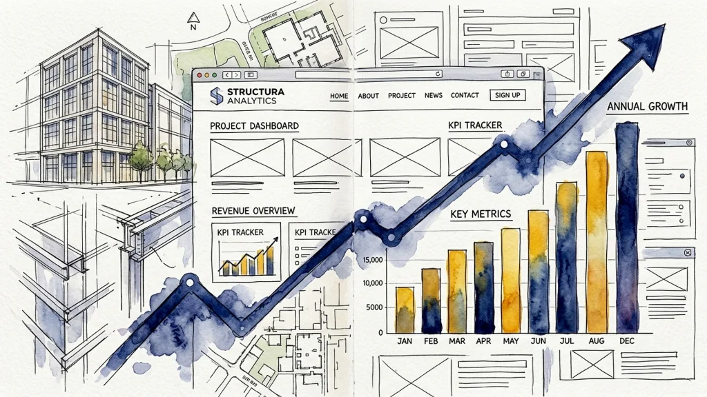 Engineering sketches and a website KPI dashboard overlaid by an upward-trending blue arrow and annual growth bar charts.