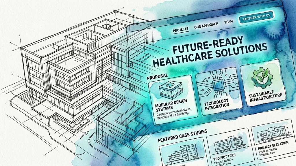 Architectural building sketch merging with a digital landing page interface for healthcare engineering proposals.