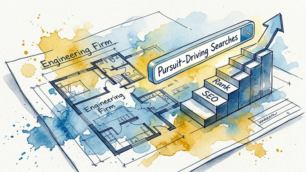 Watercolor engineering firm blueprint featuring a search bar and ascending staircase graph labeled SEO and Rank.