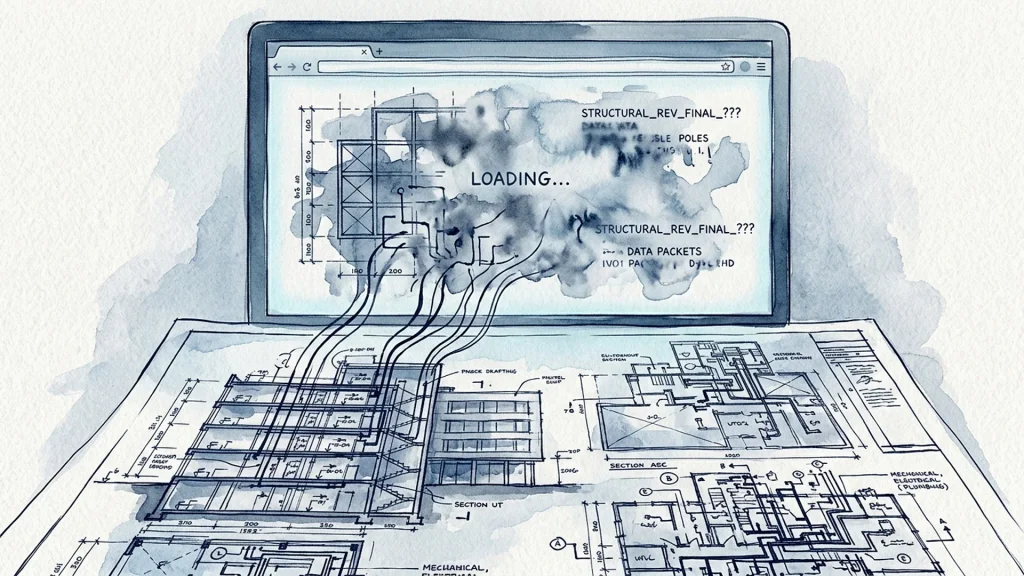 Detailed engineering blueprints wired to a laptop displaying a cloudy website loading screen.