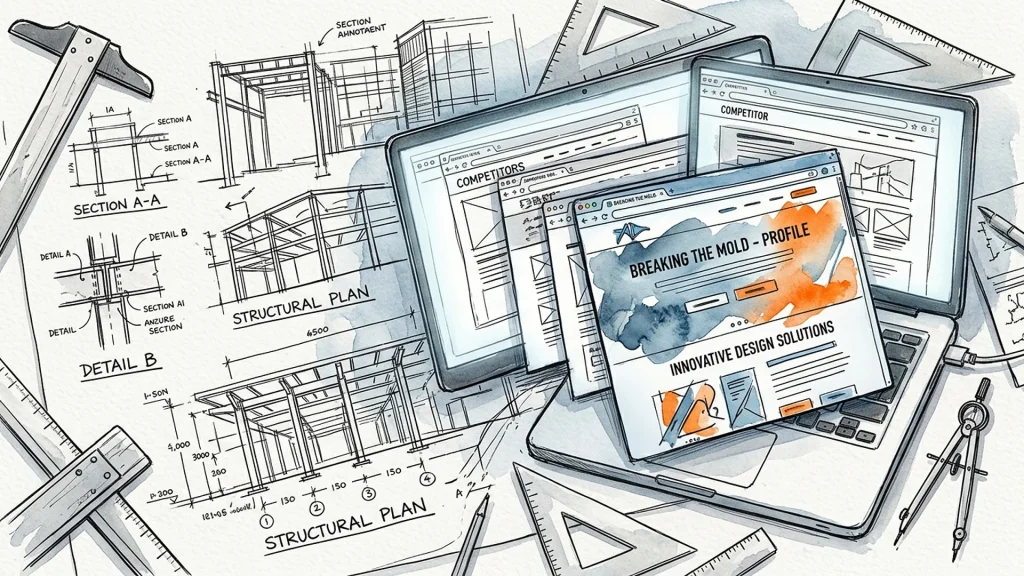 Laptop displaying competitor websites over structural engineering blueprints and drafting tools.