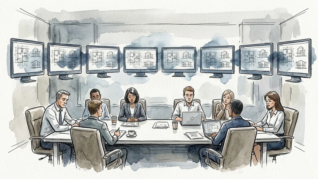 Bored selection committee reviewing identical engineering blueprints displayed on a row of background monitors.